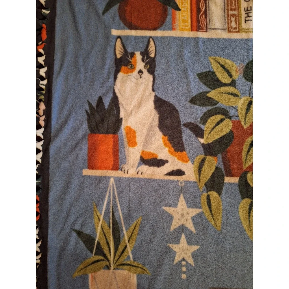 Handmade Fleece Tie Blanket Cats Books Plants Library Print Blue Throw 58